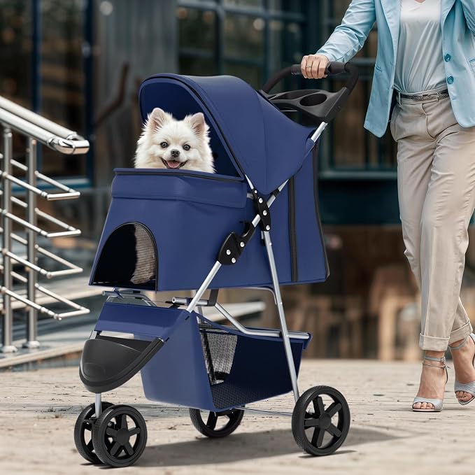 Magshion 3-Wheel Pet Stroller for Small/Medium Dogs Cats, Up to 33lbs, Navy | Foldable Travel Jogger w/ Breathable Mesh Cover, Lightweight Design, Safety Tethers, Cup Holder & Storage Basket