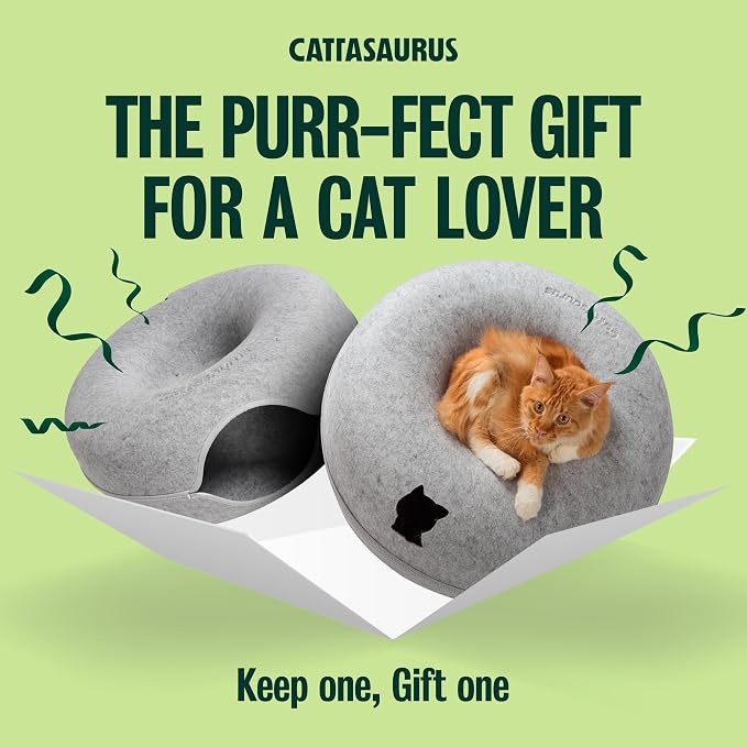 Peekaboo Cat Cave Donut for Multiple & Large Cats up to 30-45 lbs, 3-in-1 Self Warming Cat Bed, Tunnel & Scratcher for Indoor Cats, Washable & Detachable (Light Gray + Light Gray, Large)