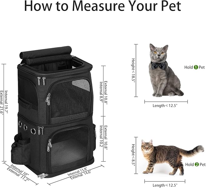 HOVONO Double Cat Carrier Backpack for 2 Cats or Small Dogs,Large Space | 2-in-1 Dual Compartment Pet Backpack Carrier up to 18 lbs, Ventilated Design for Traveling/Hiking /Camping/Vet Visits, Black