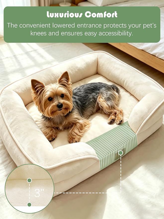 Spotted Play Orthopedic Dog Bed with Sides - Sofa Beds for Small Dogs, Supportive Foam Pet Couch Bed with Washable Removable Cover, Waterproof Lining and Non-Slip Bottom, Ivory - S