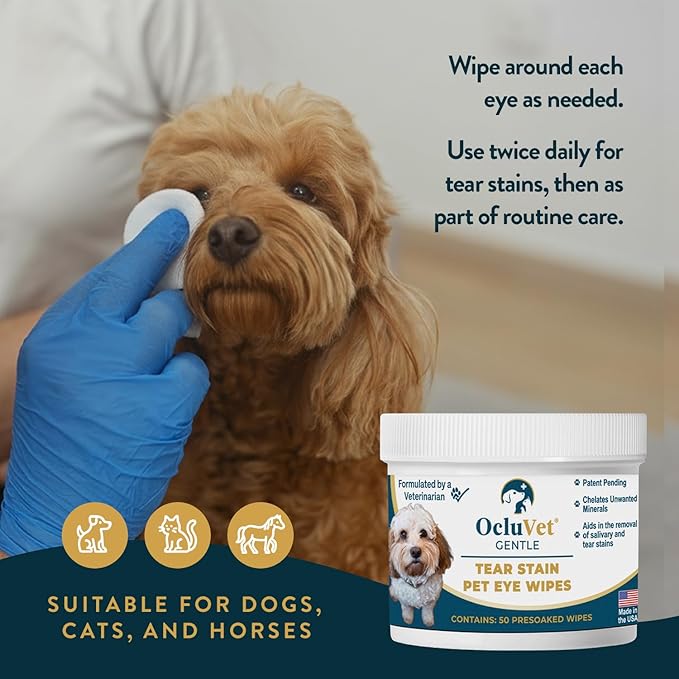OcluVet Tear Stain Wipes for Dogs, Cats and Horses, Gentle Non-Stinging Pet Eye and Face Cleaning Wipes with EDTA, Tear Stain Remover, 50 Count