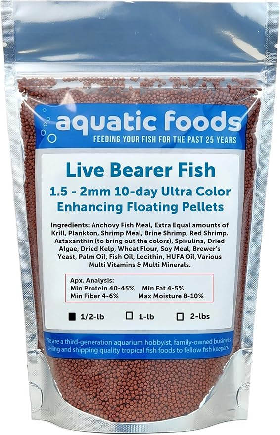 Aquatic Foods Inc. Live Bearer Ultra Red Color Enhancing 1.5mm-2mm Floating Pellets. Color Enhancing in 10-Days for Swordtails, Platies, All Live Bearers…1/2-lb Bag