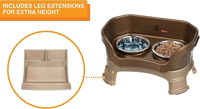 Neater Feeder Deluxe Mess-Proof Elevated Dog Bowls for Small Dogs (Up to 19 lbs), 2 Height Adjustable (6” & 7.5”) No-Spill Raised Dog Bowl Stand, Stainless Steel Food Bowl Set, Made in USA, Bronze