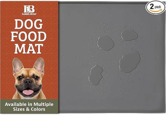 Leash Boss Dog Food Mat - 2-Pack, Waterproof Cat & Dog Bowl Mat for Food and Water, Silicone Pet Feeding Mats for Floors, Non-Slip Placemat with High Edges, Puppy Essentials (Small: 18"x11", Gray)