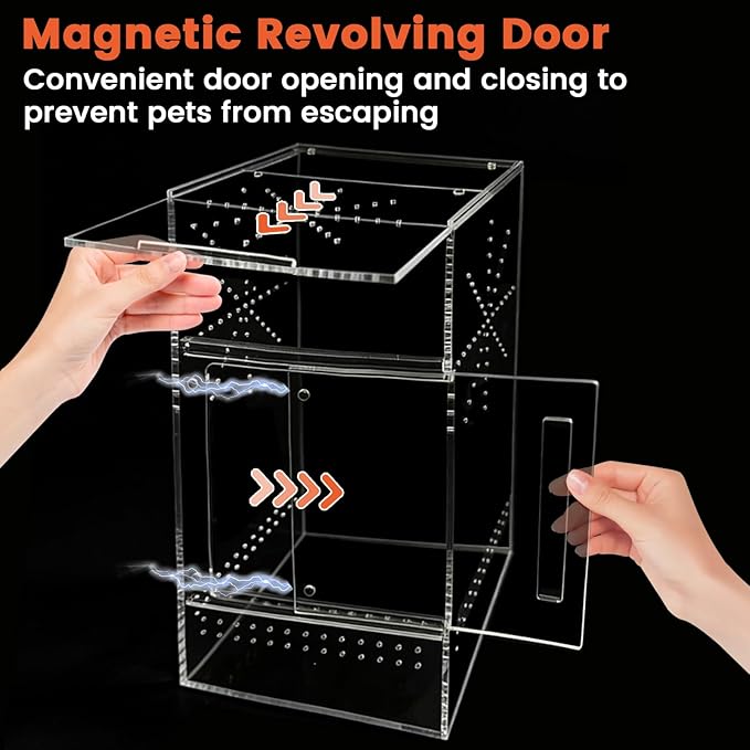 Jumping Spider Enclosure, 6"×6"×11.8" Dual Magnetic Door Arboreal Tarantula Cribs, Ventilation Spider House, Escape Proof Praying Mantis Habitat, Acrylic Snail Cage, Acrylic Terrarium Habitat