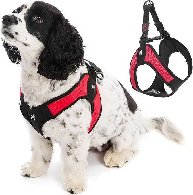 Gooby Escape Free Easy Fit Dog Harness, Step-in, Red, Medium | Patented escape-free frame; Contracts if they back out; Step-in easy on/off; Machine washable; Light POM leash ring