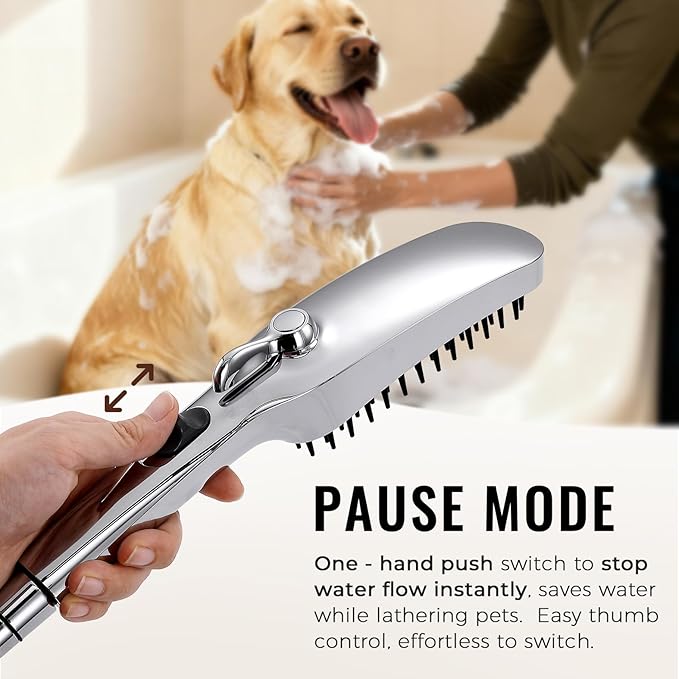 G-Promise 3 Mode Dog Shower Attachment with Pause Mode | High Pressure, Built-In Brush for Wash & Groom, Extra Long Hose, for Indoor & Outdoor Use