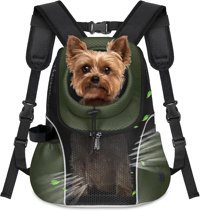 WOYYHO Pet Dog Carrier Backpack, Ventilated Mesh Small Dog Front Backpack | Breathable Puppy Back Pack, with Safety Belt, Storage Pockets, for Travel Hiking Cycling Outdoor Adventures, Army Green, M