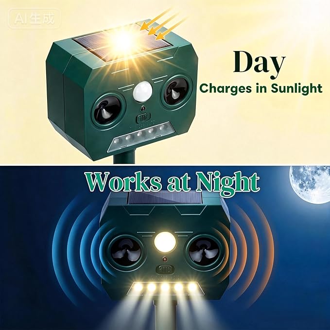 1 Pack 2026 Upgrade Solar Ultrasonic Outdoor Animal Repeller with Motion Sensor, Raccoons, Deer Squirrels, Dogs, Cats, Rabbits, and Skunks. IP65 Waterproof, with Flash Lights for Yard Garden