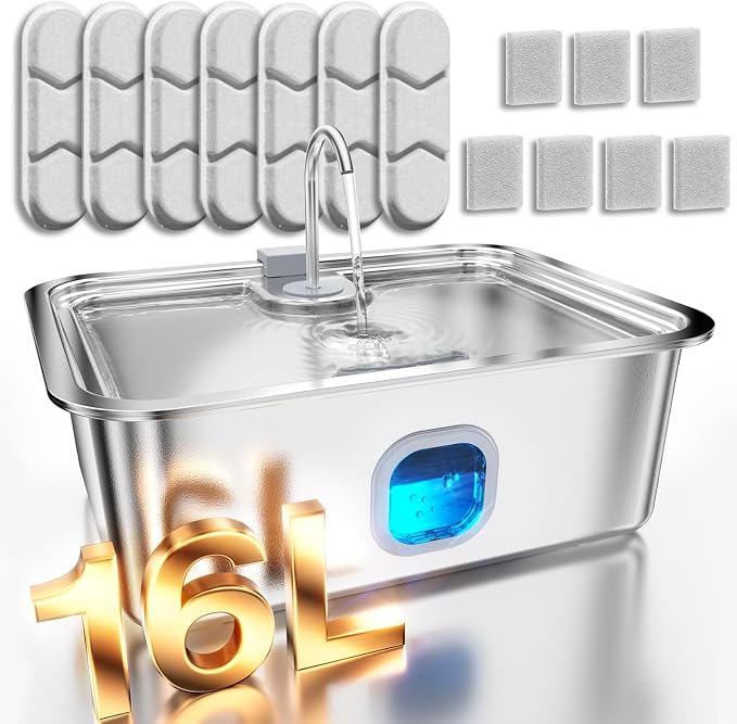 4.2Gal Dog Water Fountain for Large Dogs, 16L Stainless Steel Large Dog Fountain Water Bowl with Deeper & Wider Drinking Tray, Automatic Pet Water Dispenser with Visible Window (with 7 Filters)