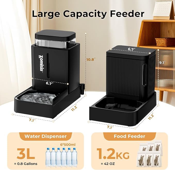 ZOMISIA Gravity Cat Feeder and Water Dispenser, 2 in 1 Automatic Cat Feeder with 180 Degree Rotatable, 2 Pack Large Capacity Self Feeding for Small Medium Dog Puppy Kitten, Grey, 0.8 Gallon x 2