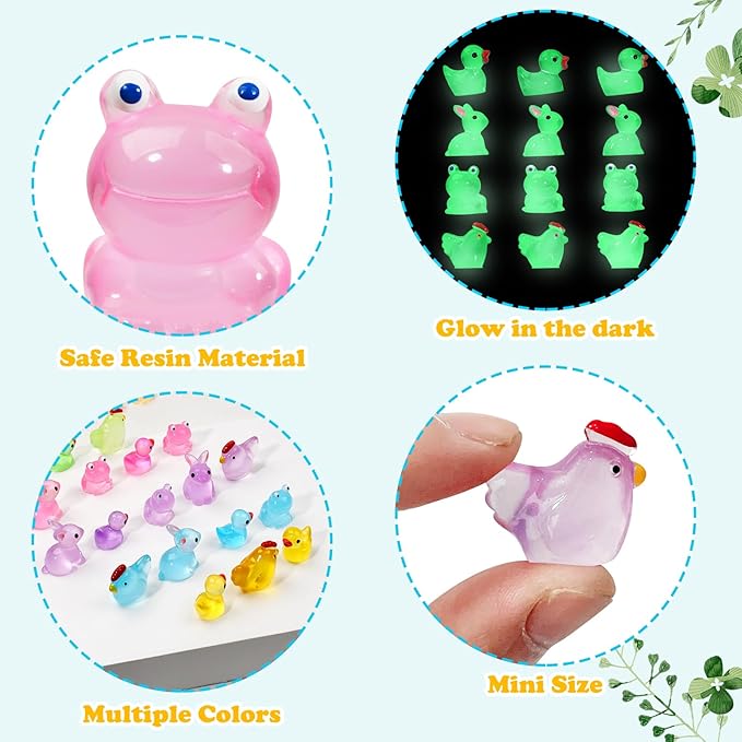 Mini Resin Animals to Hide 72 PCS Luminous Tiny Miniature Figurines Bulk Glow in The Dark Include Little Ducks Small Chicken Rabbits Frogs for Garden Micro Landscape Aquarium Potted