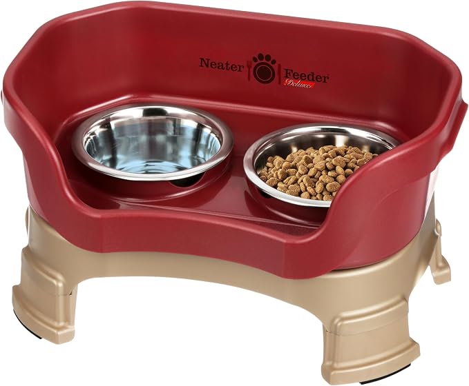 Neater Feeder Deluxe Mess-Proof Elevated Cat Bowls, 2 Height Adjustable (6” & 7.5”) No-Spill Raised Cat Bowl Stand, Whisker Friendly Stainless Steel Dishes for Indoor Cats, Made in USA, Cranberry