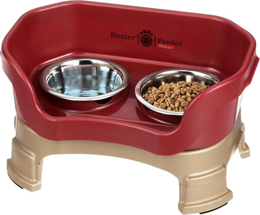 Neater Feeder Deluxe Mess-Proof Elevated Cat Bowls, 2 Height Adjustable (6” & 7.5”) No-Spill Raised Cat Bowl Stand, Whisker Friendly Stainless Steel Dishes for Indoor Cats, Made in USA, Cranberry