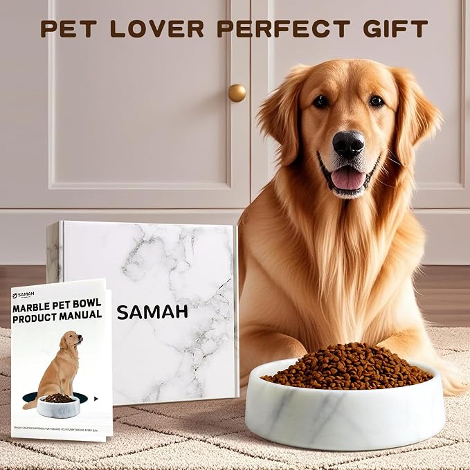 SAMAH White Marble Dog Bowl, Non-Slip Non-Tipping Heavy Dog Food Bowl, Large Weighted Stone Dish, Natural Marble Dog Water Bowl, Easy to Clean, Gifts for Cat & Dog Lovers, Holds 6 Cups(6 lbs)