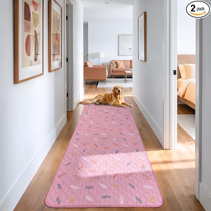 Sunheir Washable Pee Pads for Dogs Large 24" x 72" 2-Pack Reusable Puppy Pads Pet Training Pads, Absorb Dog Mats, Whelping Pad, Non-Slip Protects Against Urine Leakage, Runner Rug (Leaves - Pink)