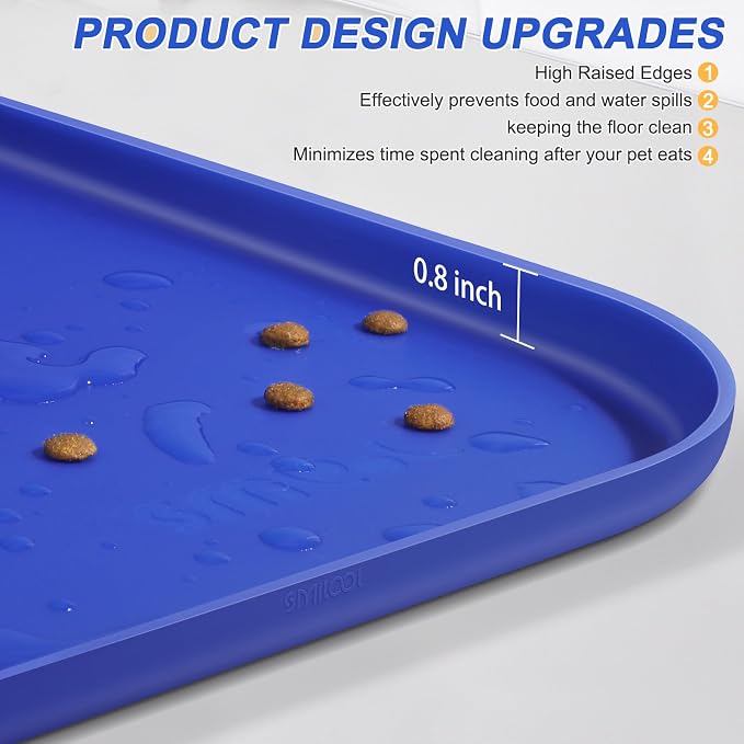SMILOOL Waterproof Silicone Pet Food Mat with Raised Edge for Dog & Cat | 22" x 14" Non-Slip Pet Feeding Mats with Lip for Food & Water Bowl, Food Grade, Easy Cleaning, Navy Blue
