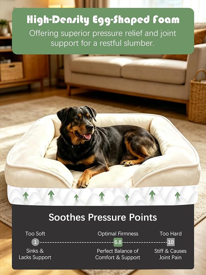 Spotted Play Orthopedic Dog Bed with Sides - Sofa Beds for Extra Large Dogs, Supportive Foam Pet Couch Bed with Washable Removable Cover, Waterproof Lining and Non-Slip Bottom, Ivory - XL