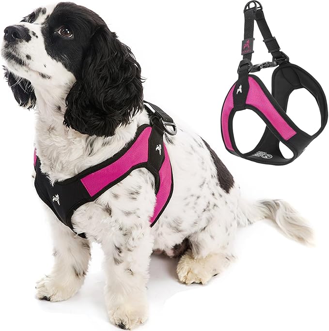 Gooby Escape Free Easy Fit Dog Harness, Step-in, Hot Pink, X-Small | Patented escape-free frame; Contracts if they back out; Step-in easy on/off; Machine washable; Light POM leash ring
