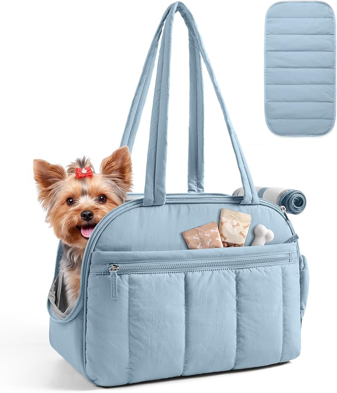 BAGSMART Dog Purse Carrier for Small Dogs Up to 13lbs Puppy Travel Tote Bag | Quilted Puffy Soft Sided Pet Handbag with Pockets, Collapsible Lightweight Portable Carrying with Safety Tether & Mat, Blue