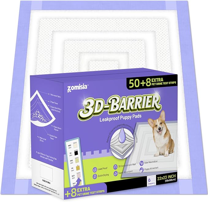 ZOMISIA 3D-Barrier Puppy Pee Pads for Dogs, 7 Cups Absorb & Rise Puffy Gel-Wall Leak-Proof, 22"x23" 50 Counts + 8 Pet Urine Test Strips, Super Absorbent Disposable Potty Training Pads