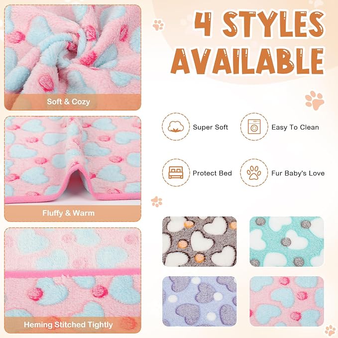 Tatuo 4 Pack Fleece Dog Blankets for Puppy Cats Multi-Size Sleep Mat for Pet Guinea Pig Soft Washable Crate Bed Puppy Teething Toys Print Pattern Warm Blanket Indoor(Pastel Color,24 x 16 Inch,Heart)