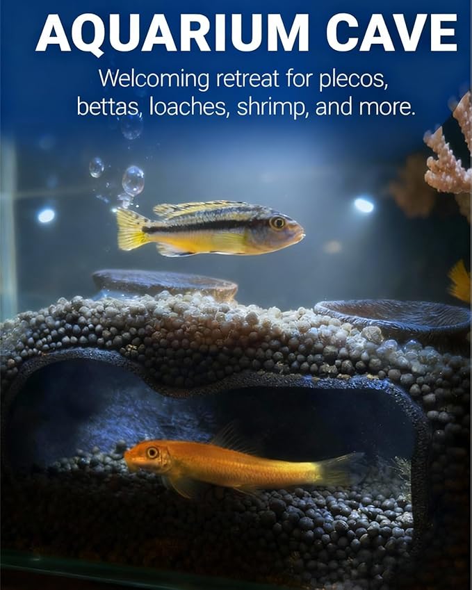 Dual-Entrance Rock-Texture Cave – Fish Tank Shelter & Aquarium Decor with 2 Tunnels, 6×3.4×2.3in (Black)
