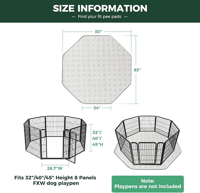 FXW Washable Pee Pads for Dogs, Super Absorbent, 34" Octagon, 2 Packs | Machine washable, Non-slip backing, Fits 32"/40"/45"H 8-Panel FXW Rollick/Homeplus Playpens