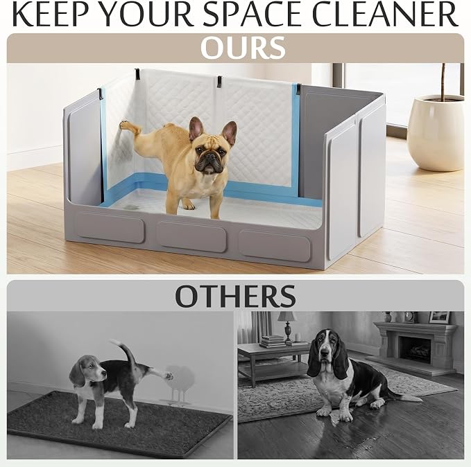 Dog Litter Box with High Walls, Foldable Pee Pad Holder, 33×22×16" | Waterproof No-Spill Indoor Dog Potty Tray, No Assembly Required, Easy to Clean and Fold, for Small and Medium Dogs, Gray