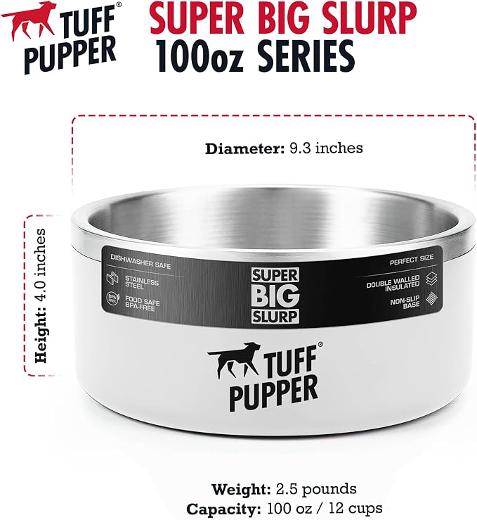 Tuff Pupper 100 oz Heavy Duty Insulated Stainless Steel Dog Bowl for Large Dogs, Non-Slip Base, Dishwasher Safe