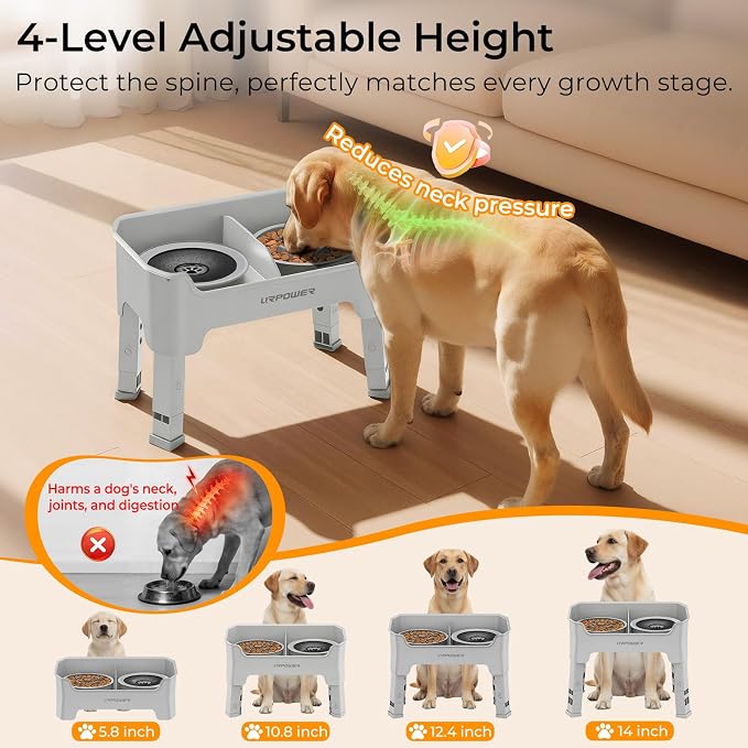 URPOWER Mess Proof Elevated Dog Bowls 4 Height Adjustable Raised Stand | No Spill Water Bowl, Slow Feeder Dog Bowls, Non-Slip Food and Water Bowl Set for Small, Medium & Large Dogs