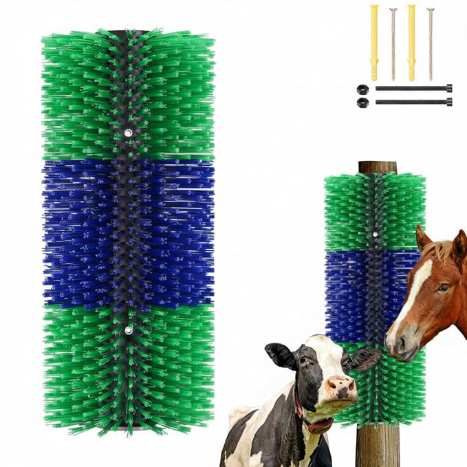 1 Pack Livestock Scratching Brush, Blue and Green | Animal Scratcher, Itch Relief Grooming, Horse Goat Cow Scratcher, Fence Post Mounting, Durable Bristles, Farm Livestock Care