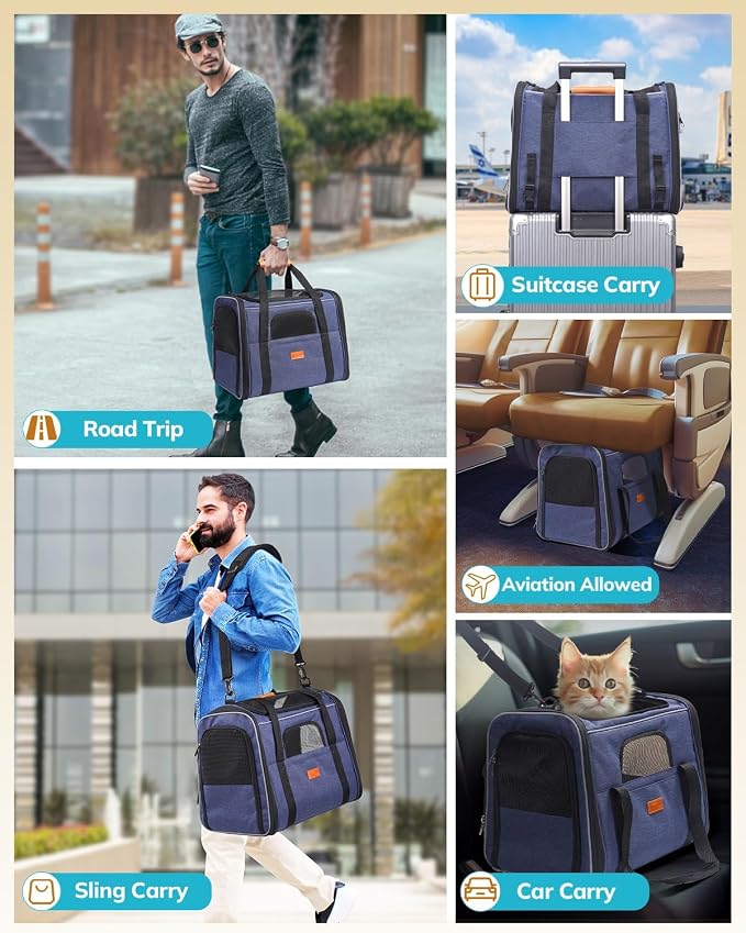 Morpilot Cat Carrier Soft for Large Medium Cats and Puppy up to 20lbs | with Dual-Sided Cushion, Secure Buckle and Foldable Bowl, Dog Carriers for Small Dogs - Pet Carrier (Dark Blue)
