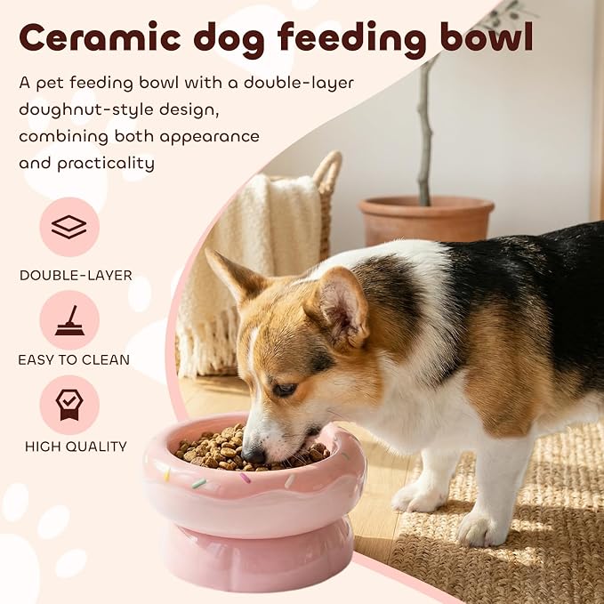 Donut Duo Ceramic Dog Bowl, Dog Water Bowl and Dog Food Bowl, Pet Bowls (Pink)