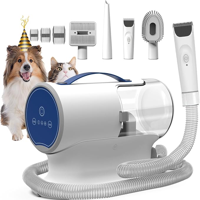 FIXR Dog Grooming Kit with Vacuum - 12,000Pa Suction Electric Clipper + Guide Combs + Shedding Brush + Crevice & Cleaning Tools, 2L Dustbin, 50dB Quiet Motor for Dogs & Cats, Blue