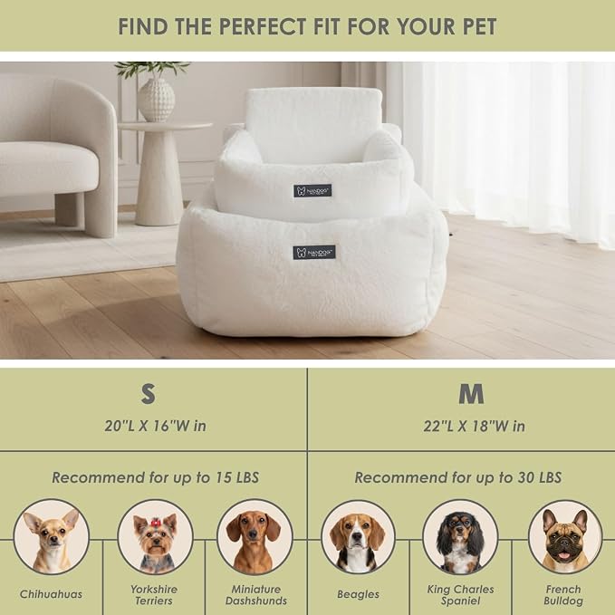 NANDOG Luxury Dog Car Seat Bed for Medium Dogs, Cloud Ultra Plush Pet Seat with Removable & Washable Cushion Insert, Thick Safety Seatbelt Straps, Secure Travel Carrier, Pearl White, 22" L x 18" W