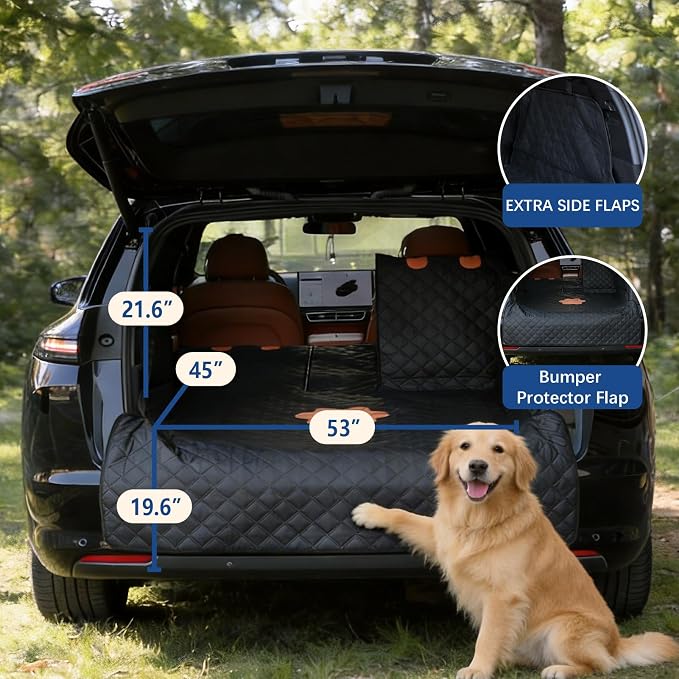 SUV Cargo Liner for Dogs,60/40 Split Seat Access,Waterproof Dog Trunk Cover | Feature: 60/40 Split Access | Material: Waterproof PU Leather | Protection: 15.75" Side Flaps & 19.69" Bumper Flap