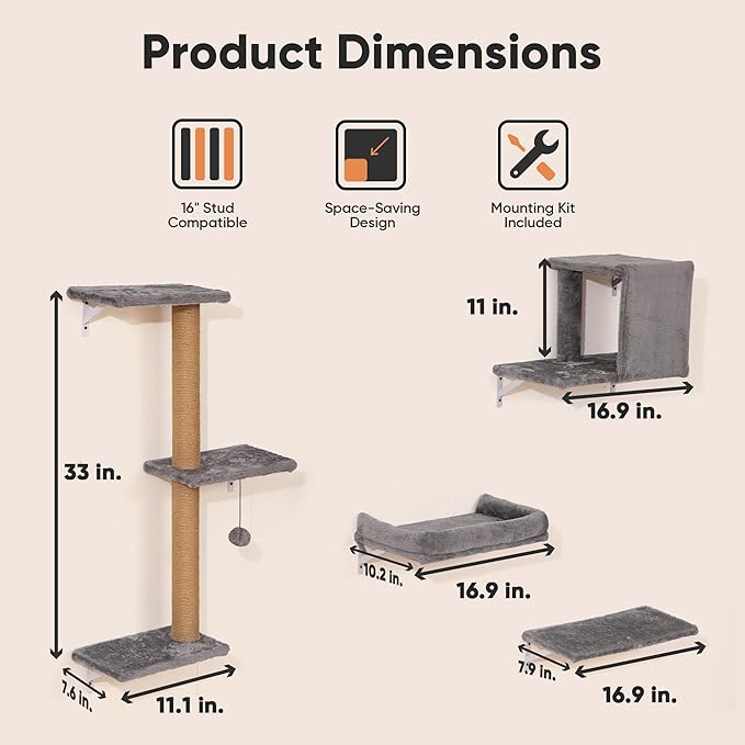 FUKUMARU Cat Wall Shelves, 4 in 1 Set, Light Gray | Stable & Safe Cat Walls Furniture, Wooden Kitten Climbing Wall with Scratching Post for 16 Inch Drywall