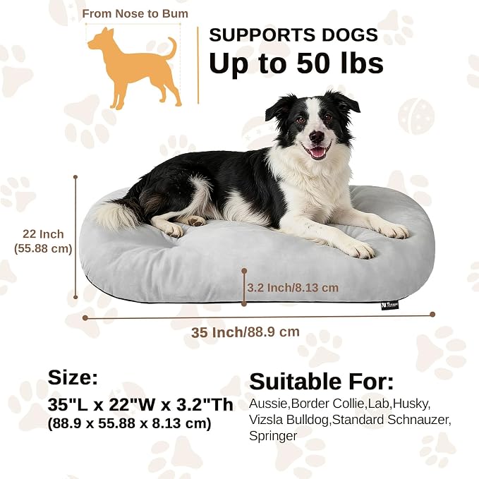 Washable Oval Dog Bed for Large Dogs, Silver-Tipped High-Resilience, Beige | Non-Slip Bottom Prevents Sliding, Soft Plush Short Fur, Machine Washable, Ideal for Crates/Apartments/Cozy Nooks,35"x22"x3.2"