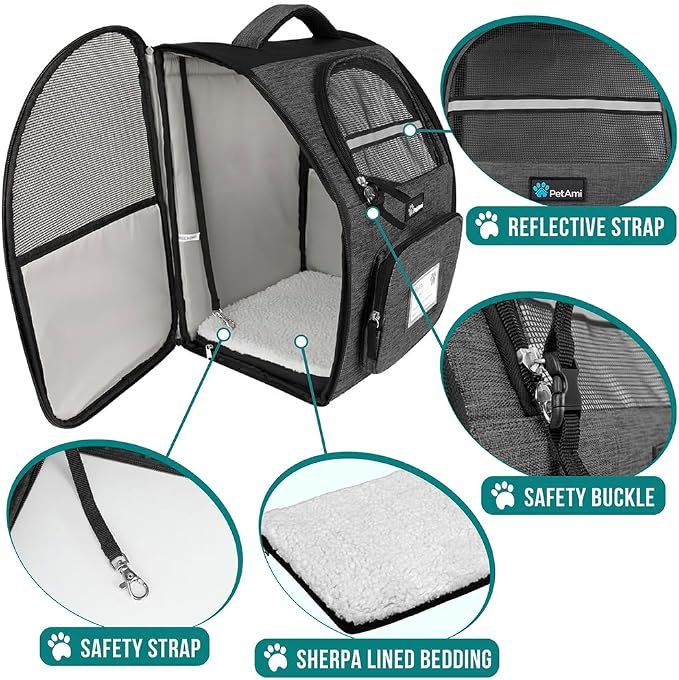 PetAmi Dog Backpack Carrier for Small Medium Dogs Large Cats up to 18 lbs, 2 Side Entry, Structured No-Collapse Frame, Airline Approved Ventilated Pet Backpack for Hiking Camping Travel, Charcoal