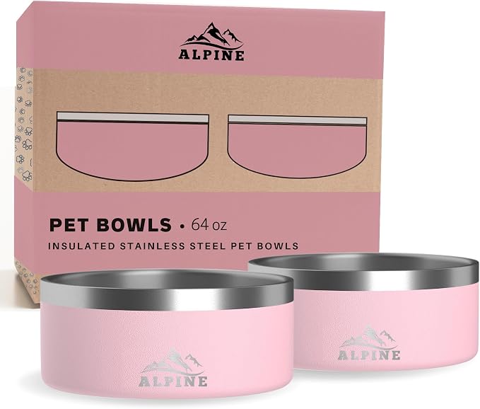 ALPINE Set of 2 Stainless Steel Dog Bowls, Non Slip, Metal Pet Bowl for Food and Water, Double Walled Insulated, Rustproof, Dishwasher Safe (64 oz, Pink)