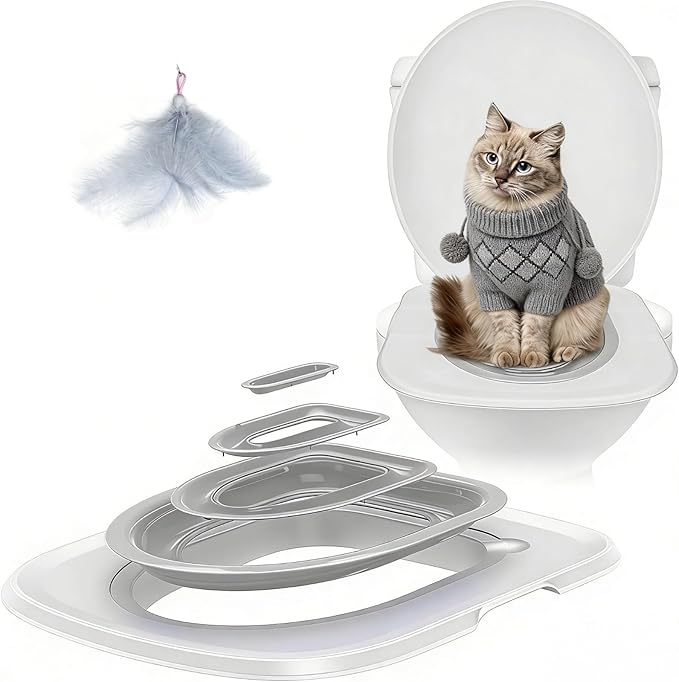 Cat Toilet Training Kit, Reusable Plastic Litter Box Trainer with Replaceable Feather Toy for Indoor Cats (Gray)