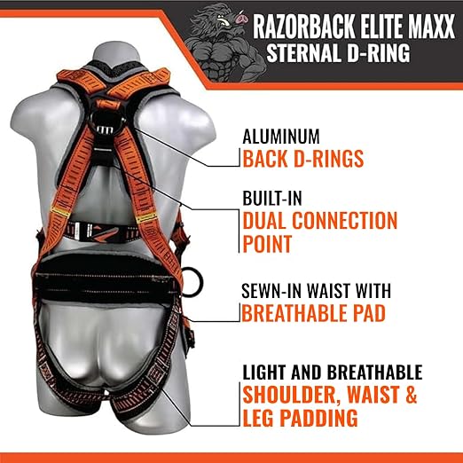 Razorback Elite MAXX - Safety Harness and Fall Protection Kit with Sewn in Lumbar Support Belt and Built-in Rescue Handles for Fall Arrest, OSHA & ANSI Compliant (Small-Medium)