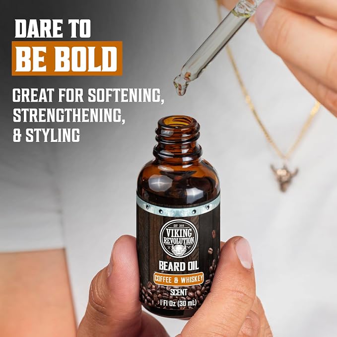 Viking Revolution Ultimate Beard Kit - Coffee Whiskey, 5 Pcs with Metal Box | Richly Scented Coffee Whiskey Products - Includes Beard Brush, Beard Comb, Beard Balm, Beard Oil and Moustache Scissors