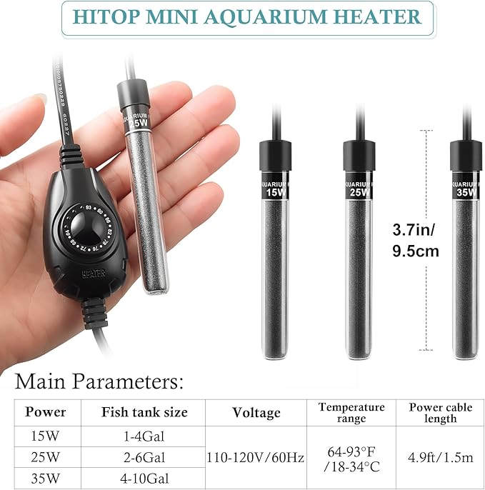 HITOP 35W Super Mini Aquarium Heater: Adjustable Heater for Small Fish Tank 4-10Gallons, with External Controller, Betta Heater for Fish Bowls(35W)