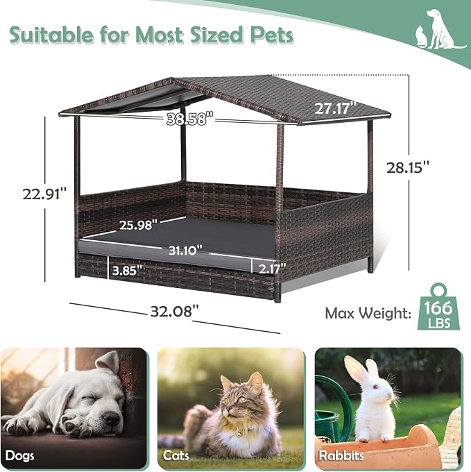 Wicker Dog Bed House, Indoor Outdoor HDPE Rattan Dog Houses, Raised Dog Cot Pet House, Elevated Pets Sofa w/Washable Cover, Waterproof Roof Shelter, Removable Cushion Lounge