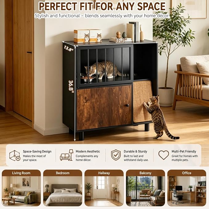 Dog Proof Cat Feeding Station with Storage Cabinet& 2 Stainless Steel Bowls, Elevated Cat Food Station with Scratching Board, Modern Wooden Cat House Furniture for Indoor Cats, Large Pet Cabinet