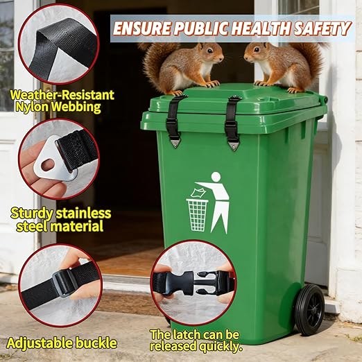 2 PCS Adjustable Dual-Claw Trash Can Lock Strap - Bear/Raccoon/Dog Proof, Anti-Rust Metal Buckle, One-Hand Release (Deep Black)