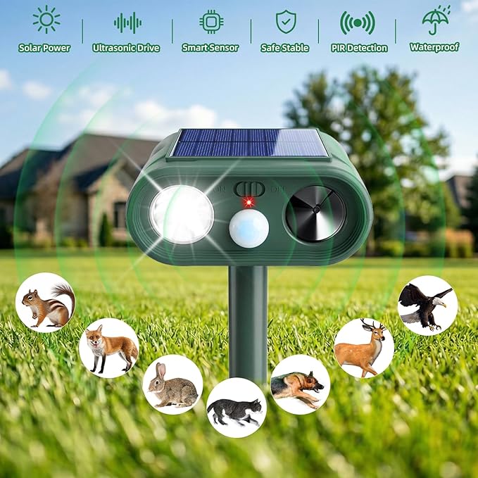 Sonic Fortress Pro Deer Repellent Devices, Solar Ultrasonic Racoon Squirrel Repellent Outdoor IP65 Motion Activated Animal Repeller Cat Deterrent Light to Scare Rabbit Dog Skunk Out of Garden Yard(4)