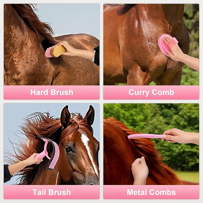 Horse Grooming Kit 13 Pack, Horse Brushes for Grooming Supplies Set with Tote Bag, Horse Tack Supplies with Gloves & Brush for Equine Care and Bathing (Pink)